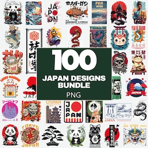 以下が含まれることがあります： 100点の日本のデザインPNG画像のコレクション。パンダ、猫、ドラゴン、風景、日本語のテキストのイラストが特徴です。カラーパレットは、赤、黒、白、青と紫の色合いを含みます。
