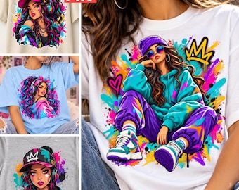 Graffiti Girl PNG Bundle, Colorful Urban Fashion Portraits, Headphones Streetwear Art