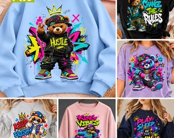 Neon Graffiti Bear PNG Bundle Typography Urban Streetwear Gamer Sublimation Digital Download File