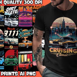 15 designs de camisetas para carros | Gráficos automotivos retrô e modernos | Design urbano | Gráficos automotivos retrô | PNG de alta qualidade com 300 DPI | Perfeito para POD