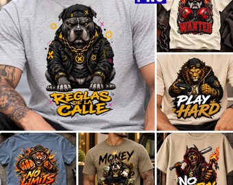 Gangster Animal PNG Bundle, Pitbull Streetwear, Boxing Bulldog, Tiger and Lion Designs