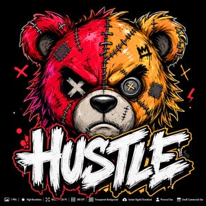 Puede incluir: Una ilustración gráfica de una cabeza de oso de peluche bicolor con el lado izquierdo rojo y el derecho naranja. El oso presenta detalles cosidos, un ojo de botón, un ojo con costura en cruz y la palabra HUSTLE en letras blancas estilo grafiti.