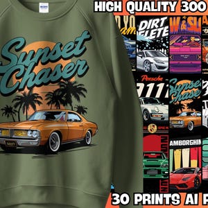 30 designs de camisetas para carros | Gráficos automotivos retrô e modernos | Arquivos PNG e AI de alta qualidade com 300 DPI | Perfeito para impressão sob demanda e sublimação