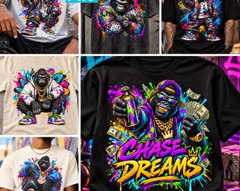 Gorilla PNG Bundle, Chase Dreams Graffiti Ape, Neon Hip Hop Streetwear Designs