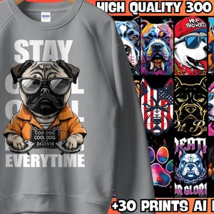 30+ modèles de t-shirts pour chiens sympas | Art animalier urbain PNG AI | Graphiques streetwear | Haute qualité 300 DPI | Téléchargement numérique