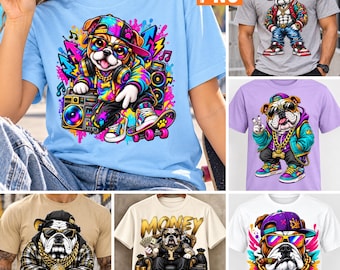 Hip Hop Bulldog PNG Bundle, Colorful Street Dog Art, Skater Puppy and Boombox Designs