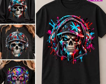 DJ Skull Headphone PNG Bundle Colorful Paint Splash Urban Streetwear Digital Download File
