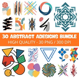 Puede incluir: Un conjunto de 30 diseños abstractos con diversas formas y colores, incluyendo patrones geométricos, remolinos y formas orgánicas. El texto "30 ABSTRACT ADESIGNS BUNDLE" aparece en naranja sobre un fondo blanco.
