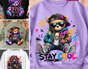 Stay Cool Bear PNG Bundle Retro Swag Music Headphone Streetwear Sublimation Digital File