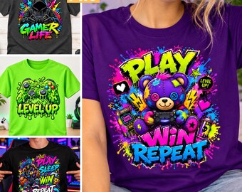 Gaming PNG Bundle, Neon Controller, Gamer Teddy Bear, Play Win Repeat Shirt Designs