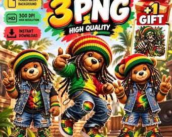 Rasta Bear PNG Bundle Reggae Music Jamaican Peace Sign Sublimation Digital Download File