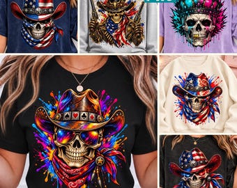 Western Outlaw Skull PNG Bundle Colorful Cowboy Hat Patriotic Sublimation Digital Download File