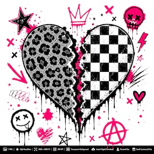 May include: A digital illustration of a broken heart featuring a leopard print pattern on the left side and a black and white checkerboard pattern on the right. The design includes pink graffiti accents, a skull, a crown, and a smiley face.