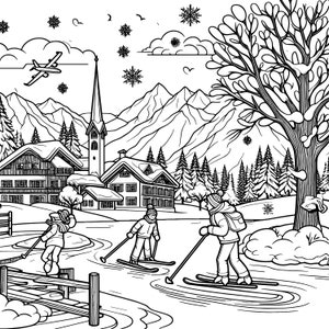 May include: Black and white line art illustration of a winter scene. Skiers glide across a snowy landscape, with a church, houses, mountains, and a plane in the background. Snowflakes and a large tree complete the wintery setting.