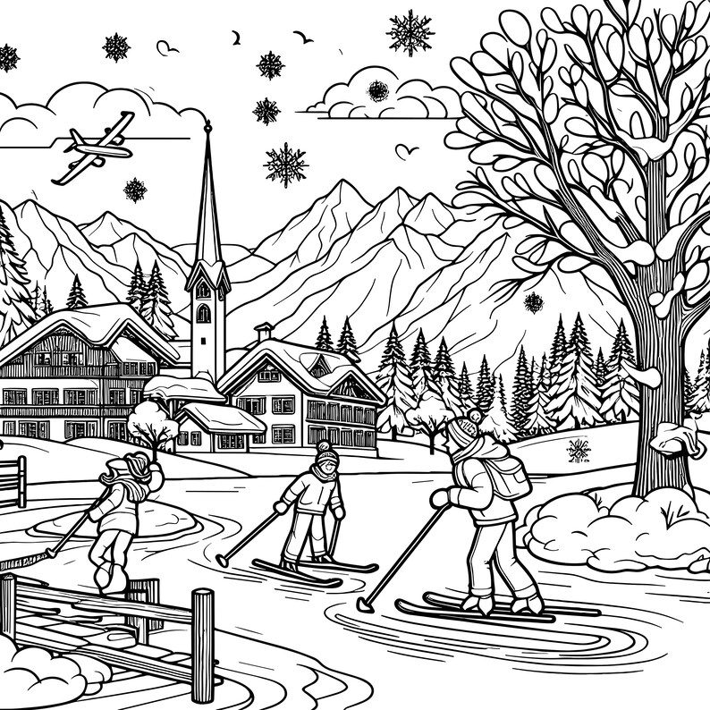 May include: Black and white line art illustration of a winter scene. Skiers glide across a snowy landscape, with a church, houses, mountains, and a plane in the background. Snowflakes and a large tree complete the wintery setting.