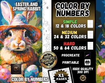 Coloring by numbers, digital coloring pages, paint by numbers, Procreate coloring book, adult coloring book, Easter and Spring Rabbit