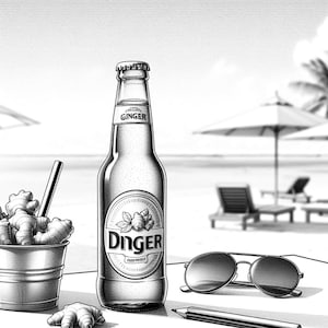 May include: Black and white illustration of a bottle of "Dinger" ginger beverage on a beach. A small metal bucket with ginger, sunglasses, and a pencil are on the table. The beach scene includes umbrellas and lounge chairs.