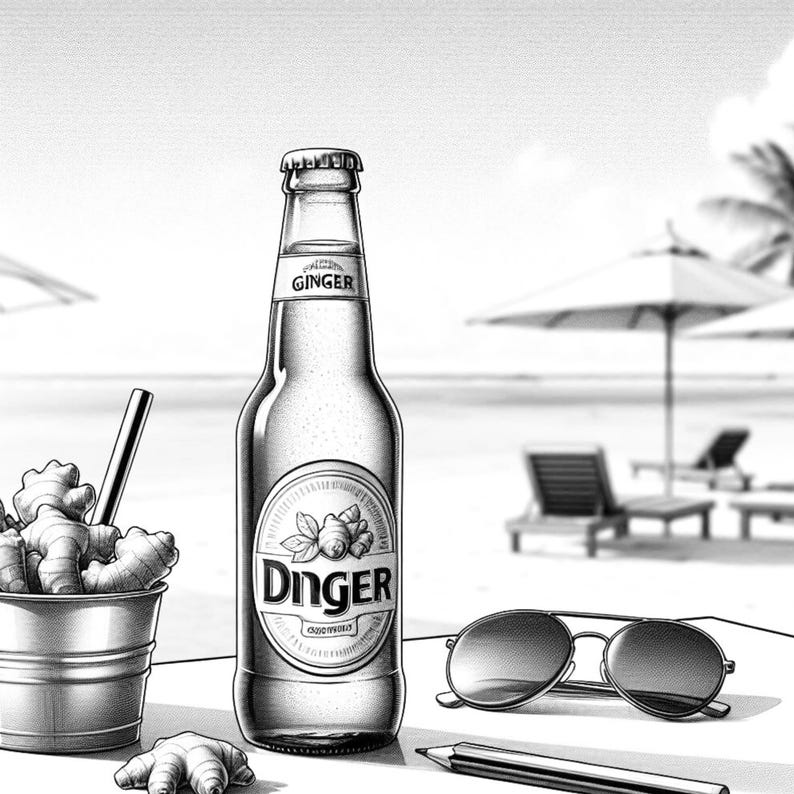 May include: Black and white illustration of a bottle of "Dinger" ginger beverage on a beach. A small metal bucket with ginger, sunglasses, and a pencil are on the table. The beach scene includes umbrellas and lounge chairs.