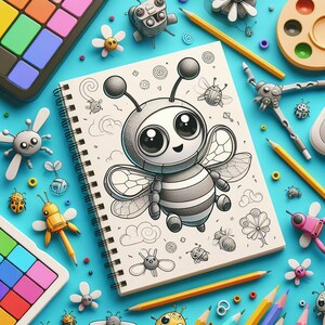 May include: A black and white drawing of a robot bee on a white page in a spiral bound notebook. The notebook is surrounded by colorful art supplies, including pencils, paintbrushes, and a paint palette.