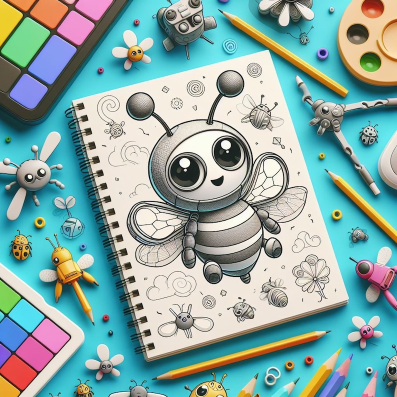 May include: A black and white drawing of a robot bee on a white page in a spiral bound notebook. The notebook is surrounded by colorful art supplies, including pencils, paintbrushes, and a paint palette.