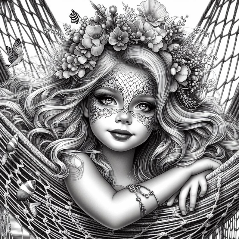 73 Mermaid in Hammock Coloring, Mermaid Coloring Pages, Litlle Mermaid Coloring Book Grayscale Download Printable Adult & Kids Print Pdf image 4