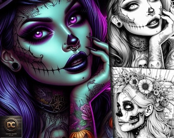 75 Gothic Girl Coloring Spooky Halloween Printable Goth Woman Creepy Women Coloring Pages Horror Grayscale Witch Coloring Book Adults & Kids