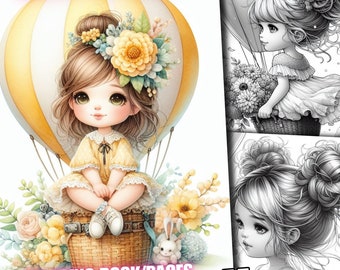 55 Girl in Hot Balloon Coloring, Flower Girls Coloring Pages, Floral Woman Coloring Book, Grayscale Print for Adults & Kids Digital Printable