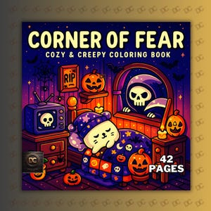 Puede incluir: Un libro para colorear cuadrado titulado "CORNER OF FEAR" con el subtítulo "COZY & CREEPY COLORING BOOK". La portada presenta un gato de dibujos animados durmiendo en una cama con decoraciones de Halloween, una parca y calabazas. El libro tiene 42 páginas.