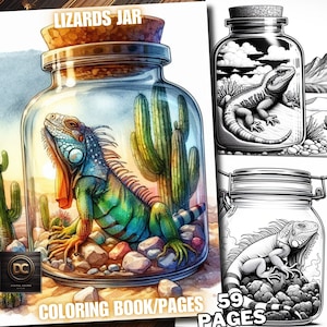 Op de afbeelding: Een kleurplaat met een groene leguaan-hagedis in een glazen pot met een kurken deksel. De pot is gevuld met zand, stenen en een cactus. De tekst "Lizards Jar" staat bovenaan de pagina. De tekst "Coloring Book/Pages 59 Pages" staat onderaan de pagina.