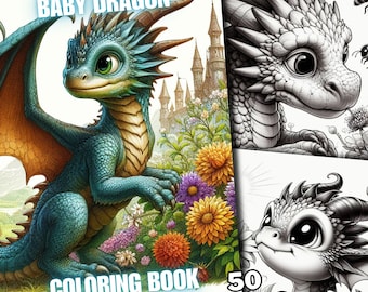 50 baby dragon coloring pages, little dragon, dragon coloring book, quality grayscale designs for adults and kids & stress relief
