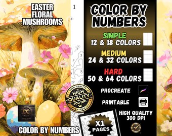Coloring by numbers, digital coloring pages, paint by numbers, Procreate coloring book, adult coloring book, Easter Floral Mushrooms