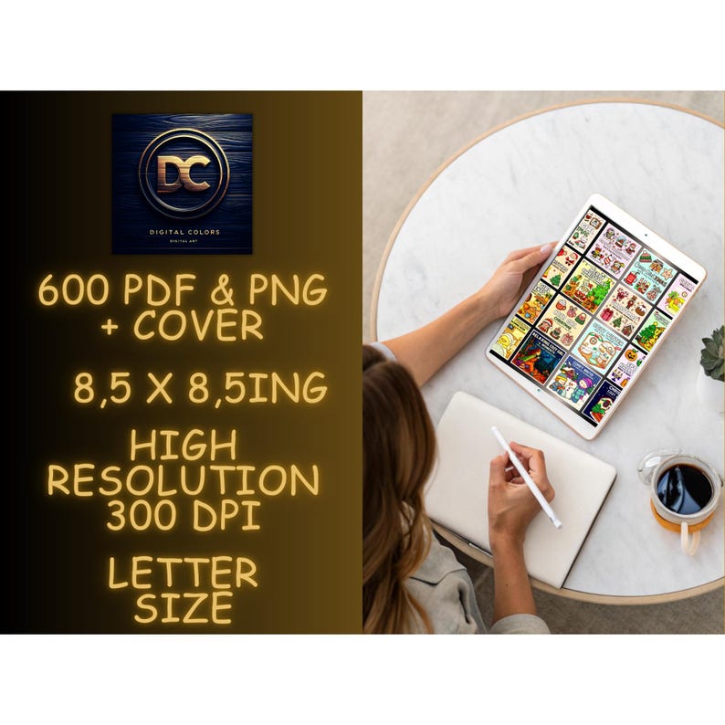 May include: A digital art product displayed on a tablet, featuring colorful illustrations. The image includes text: "600 PDF & PNG + COVER 8,5 X 8,5ING HIGH RESOLUTION 300 DPI LETTER SIZE". A person is holding the tablet and a stylus.
