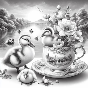 May include: Black and white illustration of ducklings and a teacup. Several ducklings swim in a lake, while one sits in a teacup filled with white flowers. The teacup and saucer have a floral design and a landscape scene.