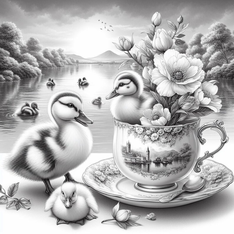 May include: Black and white illustration of ducklings and a teacup. Several ducklings swim in a lake, while one sits in a teacup filled with white flowers. The teacup and saucer have a floral design and a landscape scene.
