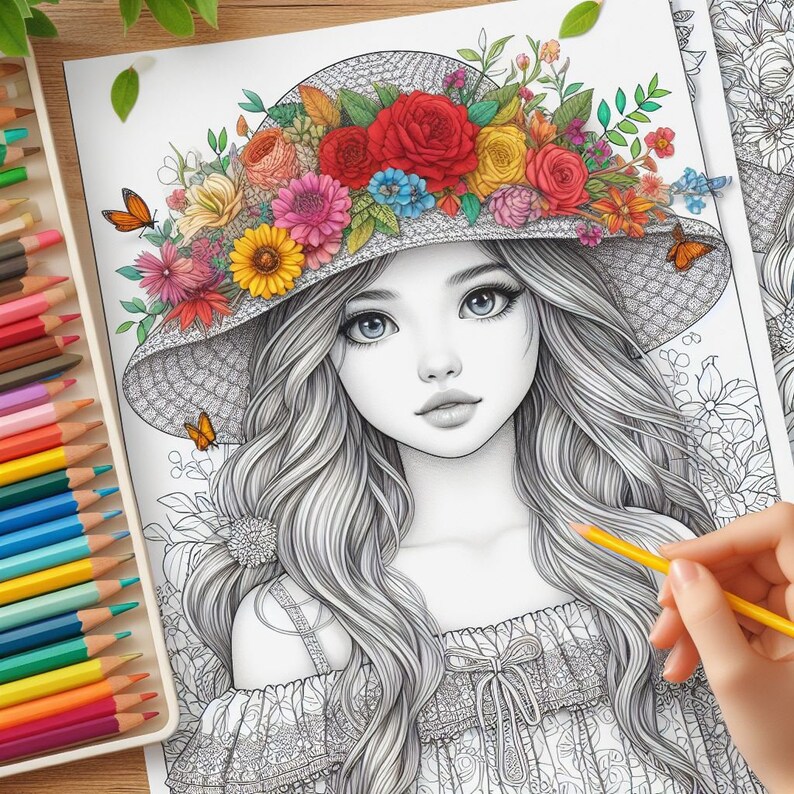 May include: A detailed coloring book page featuring a young woman with long, flowing hair and a floral hat. The hat is adorned with red, pink, yellow, and blue flowers. A hand is holding a yellow colored pencil, ready to color the image. A tray of colored pencils is in the corner.