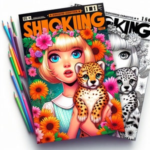 May include: A colorful comic book cover featuring a young woman with blonde hair wearing a flower crown and holding a cheetah cub. The cover is titled "SHOCKING" and has the number "111" on the top right corner. The background is a vibrant green with sunflowers and other flowers.