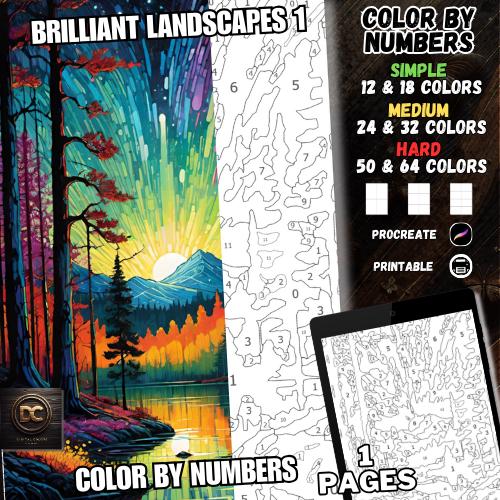 Colorea por números – Páginas de colorear digitales para adultos y niños – Libro apaisado imprimible compatible con Procreate, Brilliant Landscape 1