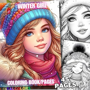 Puede incluir: Un libro para colorear con una niña que lleva un gorro y una bufanda de invierno azules y rosas. El libro tiene 45 páginas y se titula "Winter Girl Coloring Book/Pages".