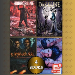 Könnte beinhalten: Eine Sammlung von vier digitalen Buchcovern mit Horror- und Fantasy-Illustrationen. Oben links eine maskierte Figur in einer roten Landschaft, oben rechts eine gotische Hochzeitsszene, unten links zwei Männer mit Flügeln und unten rechts drei Gesichter.