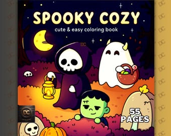 Puede incluir: Un libro para colorear "Spooky Cozy" con una ilustración de dibujos animados de una parca, un fantasma y el monstruo de Frankenstein. La portada presenta una luna llena, una calabaza y el texto "cute & easy coloring book". El libro tiene 55 páginas.