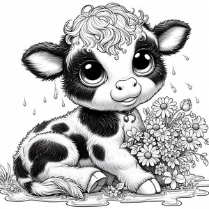 Puede incluir: Ilustraci&oacute;n en blanco y negro de un ternero de dibujos animados con ojos grandes, sentado junto a un ramo de margaritas. El ternero tiene manchas negras y pelo rizado. Gotas de agua cayendo.