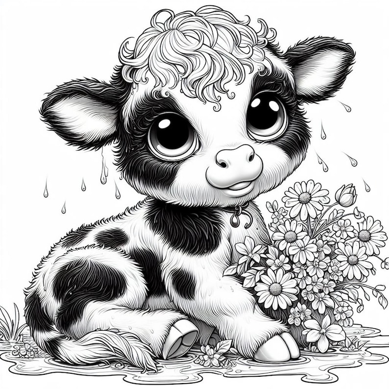 Puede incluir: Ilustraci&oacute;n en blanco y negro de un ternero de dibujos animados con ojos grandes, sentado junto a un ramo de margaritas. El ternero tiene manchas negras y pelo rizado. Gotas de agua cayendo.