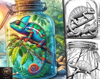 49 páginas para colorir jarro camaleão, livro para colorir camaleão, fantasia em escala de cinza para colorir animais para adultos e crianças Baixar PDF para impressão