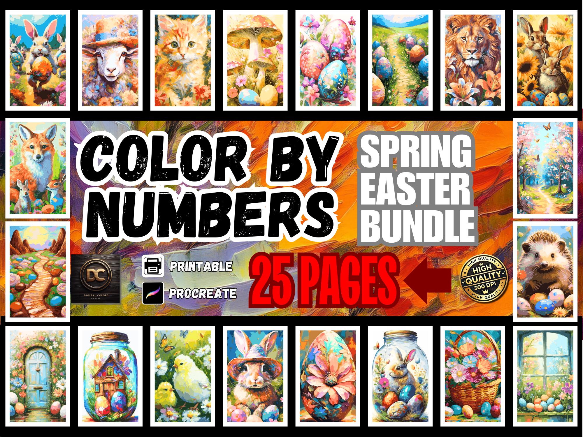 25 Spring Easter Color by Numbers Printable Pages – Digital Adult Coloring Book for Procreate & PDF