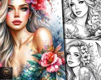 185 Mermaid Coloring Pages, Floral Mermaid Coloring Book, Halloween Mermaid, Witch Mermaid, Spooky, Creepy, Pumpkin, Adult Grayscale Print
