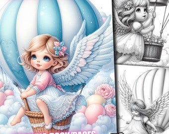 May include: A coloring book page featuring an angel with wings, riding in a hot air balloon. The angel has blonde hair, blue eyes, and is wearing a pink dress. The balloon is blue and white striped and has a basket. The background is a light blue sky with white clouds.