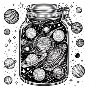 May include: A black and white line drawing of a glass jar filled with planets and stars. The jar has a lid and a handle. The planets are all different sizes and shapes, and they are surrounded by stars.
