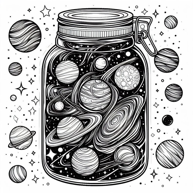 May include: A black and white line drawing of a glass jar filled with planets and stars. The jar has a lid and a handle. The planets are all different sizes and shapes, and they are surrounded by stars.