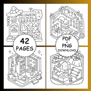 May include: Black and white line art illustrations of themed shops and objects. The image includes a Halloween shop, a workshop, a kitchen, and a sewing room. Text includes "Halloween Trick or Treat Shop", "42 Pages", and "PDF + PNG Download".