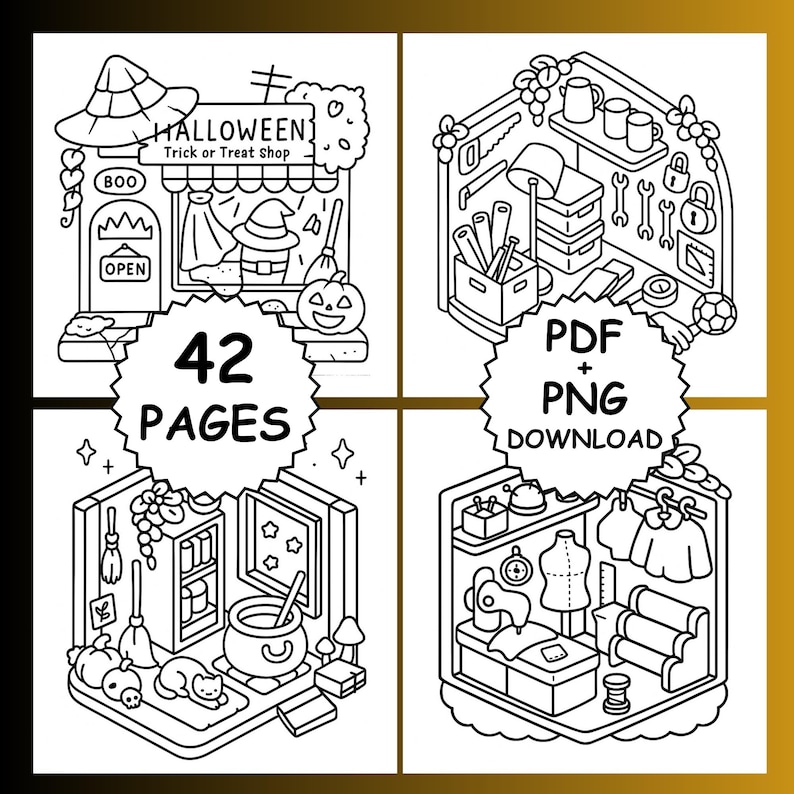 May include: Black and white line art illustrations of themed shops and objects. The image includes a Halloween shop, a workshop, a kitchen, and a sewing room. Text includes "Halloween Trick or Treat Shop", "42 Pages", and "PDF + PNG Download".